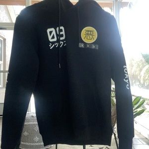 Black Adidas hoodie with Japanese letters